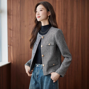 Grey Wool Blazer For Women Plaid Pattern Buttons Keep Warm Short Coat 2025 New Style High End Fashion - Product Image 1