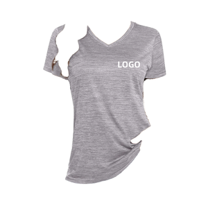 Camiseta Deportiva de Manga Corta para Mujer, con Logotipo Personalizado, Cuello en V, Color Gris Jaspeado, Secado Rápido, Ligera, Transpirable, para Gimnasio, Deportes, Running y Fitness - Product Image 1
