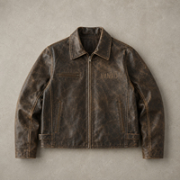 Veste en cuir vintage décolorée sur mesure OEM pour homme, à manches longues, avec col montant et fermeture éclair, motif lettres, pour l'hiver