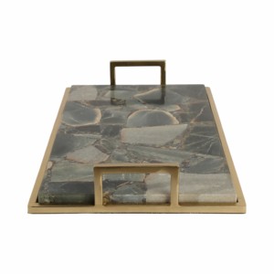 Elegante vassoio in agata con lati e manici in metallo per letto o tavolino, vassoio decorativo per gioielli e piccoli oggetti. - Product Image 4