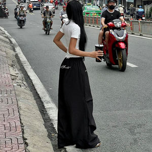 Pantalon large à taille basse de style ballet français, avec broderie de lettres, patchwork de dentelle, nœud, couleur contrastée, coupe ample, taille haute - Product Image 6