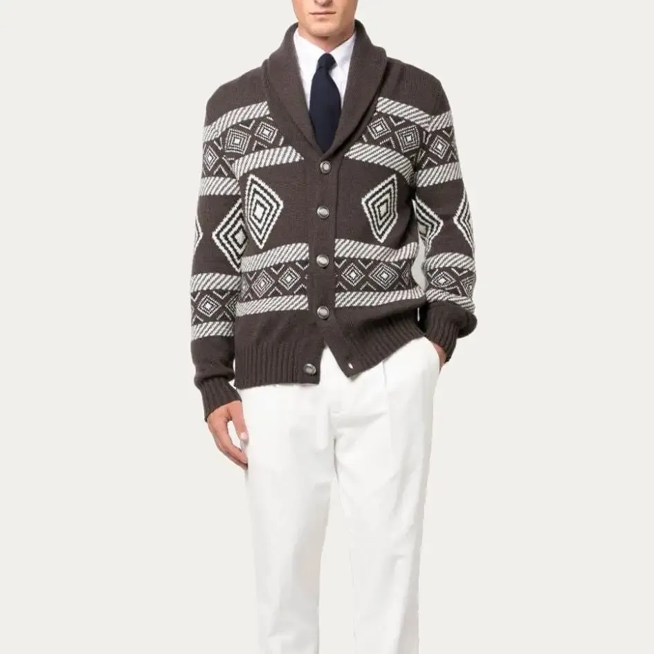 Maglia Jacquard maglia in pura lana per maglioni da uomo Cardigan con bottone a scialle di alta qualità