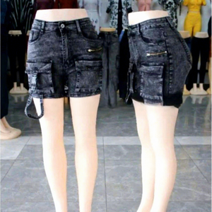 Shorts in Denim a Vita Alta per Donne, Pantaloncini Jeans Vintage Multi-Tasca per Streetwear e Uso Quotidiano Casual - Product Image 5