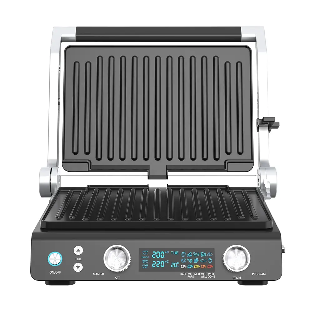 Intelligent Stainless Steel Housing with 180 Degree Flat Placement LED Display Screen 15 Preset Programs Contact Grill