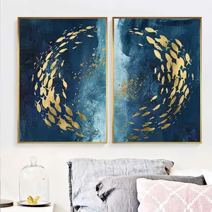 Pesce d'oro astratto pittura su tela cinese grande stampa blu Poster pittura lussuosa parete su tela Art
