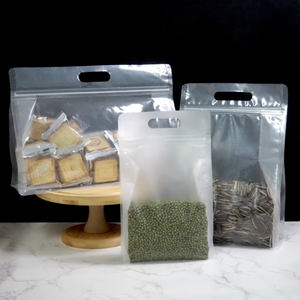 Feuchtigkeit beständiger transparenter Kunststoff-Beutel mit flachem quadratischem Boden Reiß verschluss Lebensmittel verpackungs tasche mit Griff Lieferanten fabrik - Product Image 5