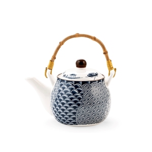 Théière en bambou avec motif bleu et blanc, bouilloire en céramique pour la préparation du thé - Product Image 1