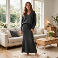 Ensemble deux pièces pour femmes, pull en tricot décontracté à col en V et manches longues, jupe longue en tricot, automne-hiver