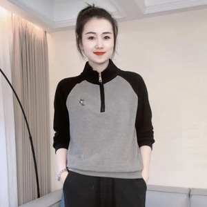 Women's Stand Collar Fleece Sweatshirt Gray Black Mustard Yellow Geometric Pattern Polyester Slim Fit Autumn Winter Top - Product Image 4