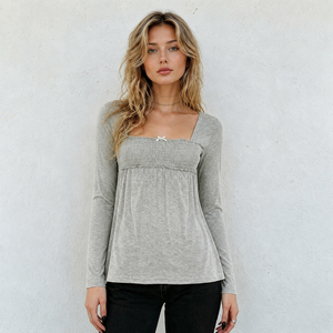 Women Breathable Eco-Friendly Knitted Long Sleeve Lace <b>Patchwork</b> T-Shirt Square Neck Smocked Slim Fit Vintage Casual <b>Top</b> - Product Image 1