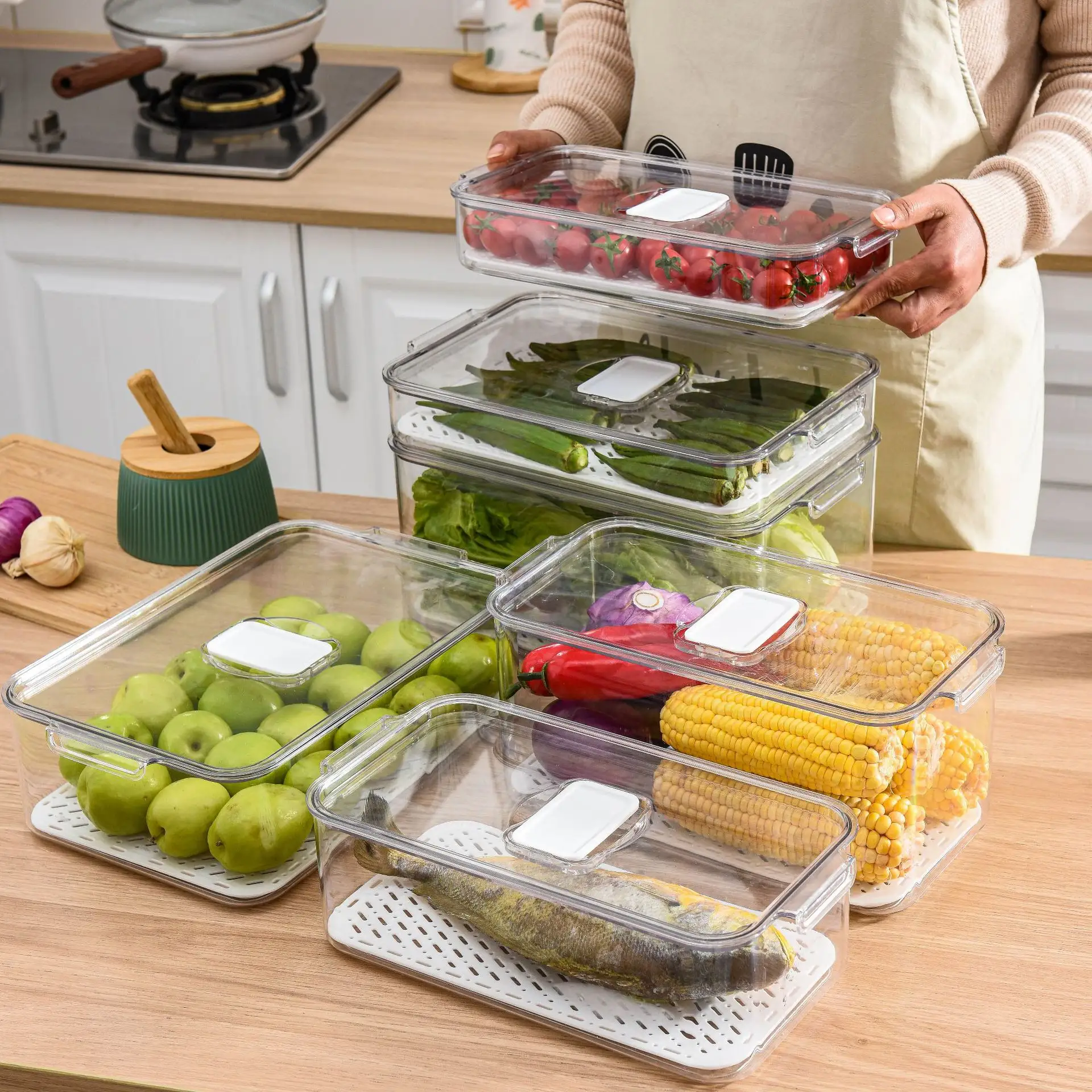 Caixa de alimentos multifuncional com organizador de tampa, recipientes de armazenamento de cozinha simples