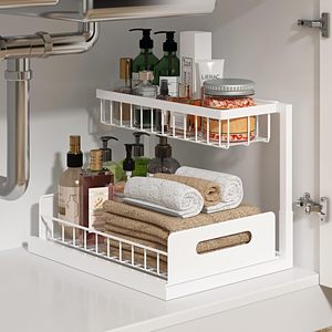 Organisateur coulissant à 2 niveaux sous l'évier - Rangement en métal antirouille pour armoires de cuisine et de salle de bain pour produits de nettoyage - Product Image 1