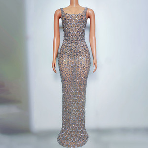 Vestido de Noche Largo y Elegante, Estilo Recto, con Diamantes, Sin Mangas, de Secado Rápido, para Cantantes, Actuaciones y Fiestas - Product Image 1