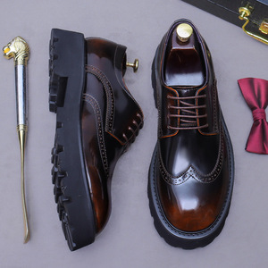 Zapatos Derby de Hombre con Tacón, de Cuero Charol Brillante, con Grabado Inglés, Punta Redonda, Suela Gruesa y Ligera, para Negocios y Bodas - Product Image 3