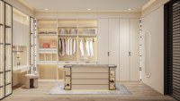 Moderner begehbarer Kleiderschrank mit Glasfront, integriertem Schlafzimmer-Stauraum und TV-Einheit – Luxuriöser, maßgefertigter Einbauschrank