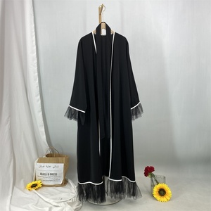 Trendy Black Open Abaya with <b>Lace</b> Sleeves Hem and <b>White</b> Contrast Edging Breathable Modest Dress for Summer 1466# - Product Image 5