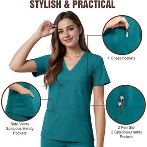 Women V Neck Scrub Top <b>4</b> Pocket Medical Workwear Premium Stretch Hospital Uniform Teal <b>Color</b> - Product Image 3
