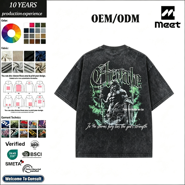 Custom 240g Heavyweight Knitted Breathable 100% Cotton T-shirt Greek Mythology God Front Print Vintage Acid Wash Oversized