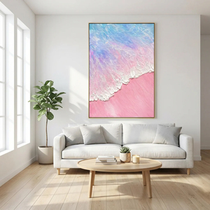 Hand Painted Oil Painting on <b>Canvas</b> Modern Wall Art Pink Sea Wave Texture Artwork for Living Room Bedroom Home Office Decor - Product Image 1