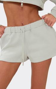 Certified Mid Rise Drawstring Waist Sweat Shorts In Grey Women Cropped Hoodies 2 Pieces Heavyweight Cotton Track Suit Factory - Product Image 5