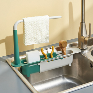 Estante de almacenamiento para fregadero de cocina, estante de drenaje extensible para paños de cocina y utensilios, tamaño L, verde - Product Image 1