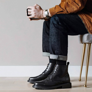 Bottes d'hiver décontractées pour hommes en cuir véritable de haute qualité, à lacets, chaudes, avec semelles en caoutchouc antidérapantes - Product Image 2