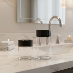Pot en verre cylindrique avec couvercle à vis noir pour le stockage de produits de soin personnel, pot en verre avec couvercle en plastique, pot cosmétique rond en verre avec couvercle noir - Product Image 2