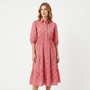 Coral Paisley Print Shirt Dress <b>Three</b> Quarter Sleeve Turn-down Collar Maxi Length Layered Hem Casual Summer Modern Button - Product Image 1