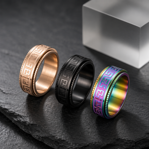 Anello Girevole con Motivo a Chiave Antica Classica, Design <span class=keywords><strong>Meander</strong></span> Intagliato, in Acciaio Inossidabile Oro Rosa, Nero, Arcobaleno, Unisex, per Uso Quotidiano - Product Image 2