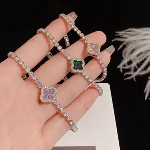 Gelang Zircon wanita, kualitas tinggi gaya sederhana perak bunga merah muda berlapis emas gelang dapat disesuaikan perhiasan halus gelang zirkon OEM