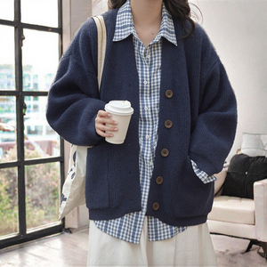 เสื้อคาร์ดิแกนผู้หญิง คอวี แขนยาว ติดกระดุม ผ้าฝ้ายถัก 100% สีน้ำเงิน ดีไซน์หรูหรา สไตล์ลำลอง ทรงหลวม - Product Image 3