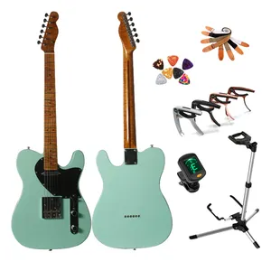 Guitarra elétrica com estilo alder, venda por atacado, logotipo personalizado, corpo verde com chama, pescoço, guitarra elétrica