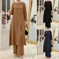Ensemble Deux Pièces Musulman Malaisien pour Femmes, Grande Taille, Comprenant une Longue Chemise à Fente Latérale et un Pantalon Large, Robe Longue en Stock