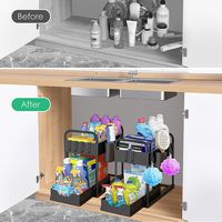 Organisateur sous évier à 2 niveaux avec poignées et tiroir à panier coulissant inférieur, armoire de rangement sous évier pour salle de bain cuisine