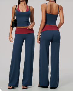 Ensemble décontracté 2 pièces en polyester tricoté imprimé pour femme – Haut court sans manches à col halter et pantalon large rayé respirant – Printemps-Été - Product Image 1