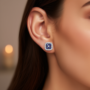 Orecchini a lobo in oro bianco con diamanti e intarsio in zaffiro blu per donna, da indossare tutti i giorni, taglio rotondo brillante, colore G naturale, argento - Product Image 2