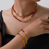 Agate rouge grenat perlé de luxe élégant de style chinois Cadeau de mariage Collier en acier titane plaqué or Ensemble de bijoux de mode
