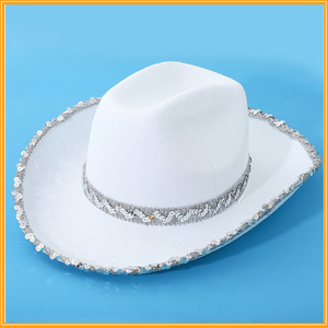 Chapeau de cowboy à paillettes Chapeau de cowboy avec garniture argentée pour Western <span class=keywords><strong>Jazz</strong></span> Disco Nightclub Rave - Product Image 4