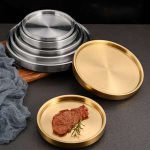 Assiette ronde en acier inoxydable de style coréen, épaissie, double couche, fond plat, pour barbecue, plateau de service en métal pour bœuf - Product Image 1