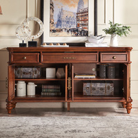 Console de rangement de style classique, buffet vintage en bois et rotin tressé avec tiroirs, meuble de salon
