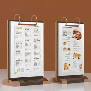 Custom Acryl Restaurant Menu Houder Pvc Film Menu Papier Houder Met Walnoot Hout En Metalen Basis