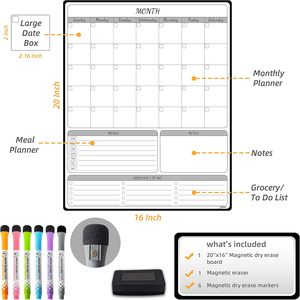 Ensemble d'aimants de réfrigérateur pour planificateur mensuel personnalisable avec marqueurs effaçables à sec et calendrier <span class=keywords><strong>magnétique</strong></span> effaçable à sec pour la planification des <span class=keywords><strong>repas</strong></span> - Product Image 2