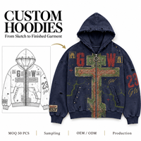 Sweat à capuche unisexe surdimensionné personnalisé avec fermeture éclair, style streetwear, en molleton imprimé vieilli et délavé, pour créateurs, fabricant OEM