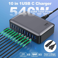 Cargador GaN de 540W con 10 Puertos USB C, Estación de Carga Rápida de Escritorio PD 3.0 QC 3.0 para Laptop, Oficina, Múltiples Dispositivos