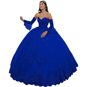 S1150N New Hot Selling Sweetheart Lace Applique Long Sleeve Trumpet Sleeve Floor Length Ball Quinceanera Evening Dress - Product Image 1