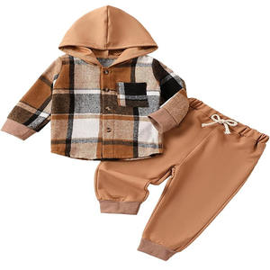 Vêtements en coton unisexe pour enfants, haut à capuche à manches longues et <span class=keywords><strong>pantalon</strong></span> décontractés à imprimé <span class=keywords><strong>treillis</strong></span> pour le printemps - Product Image 1