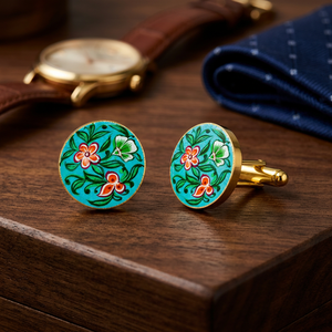 Handpainted Turquoise Floral Brass <b>Cufflinks</b> Meenakari Style Botanical Design Gold Plated From Rajasthan for <b>Men</b> Birthday Party - Product Image 4