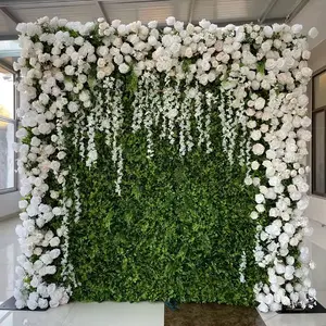 L-FW3 Customized Silk Artificial Green Grass Fabric Fake Rose Flower Wall Background Wedding Decoration Floral Walls