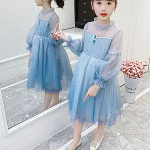 Vestido de princesa de malla de encaje para niñas, manga larga, brillante, 3-11 T