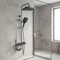 Ensemble de douche mural carré thermostatique contemporain en laiton chromé, avec mitigeur monocommande pour jets pluie et cascade, et fonction d'eau douce